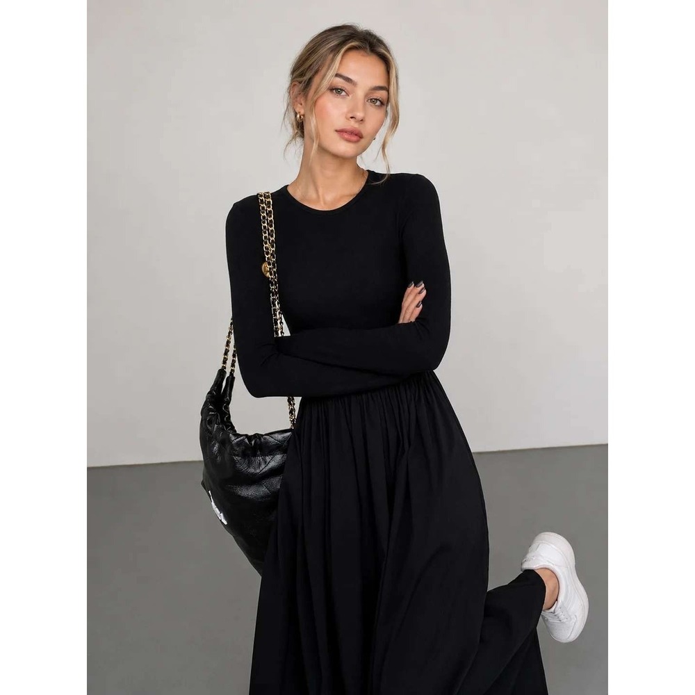Commense Black Long Sleeve Drop Waist Maxi Dress with Pockets Crew Neck Knit Top - Picture 3 of 8